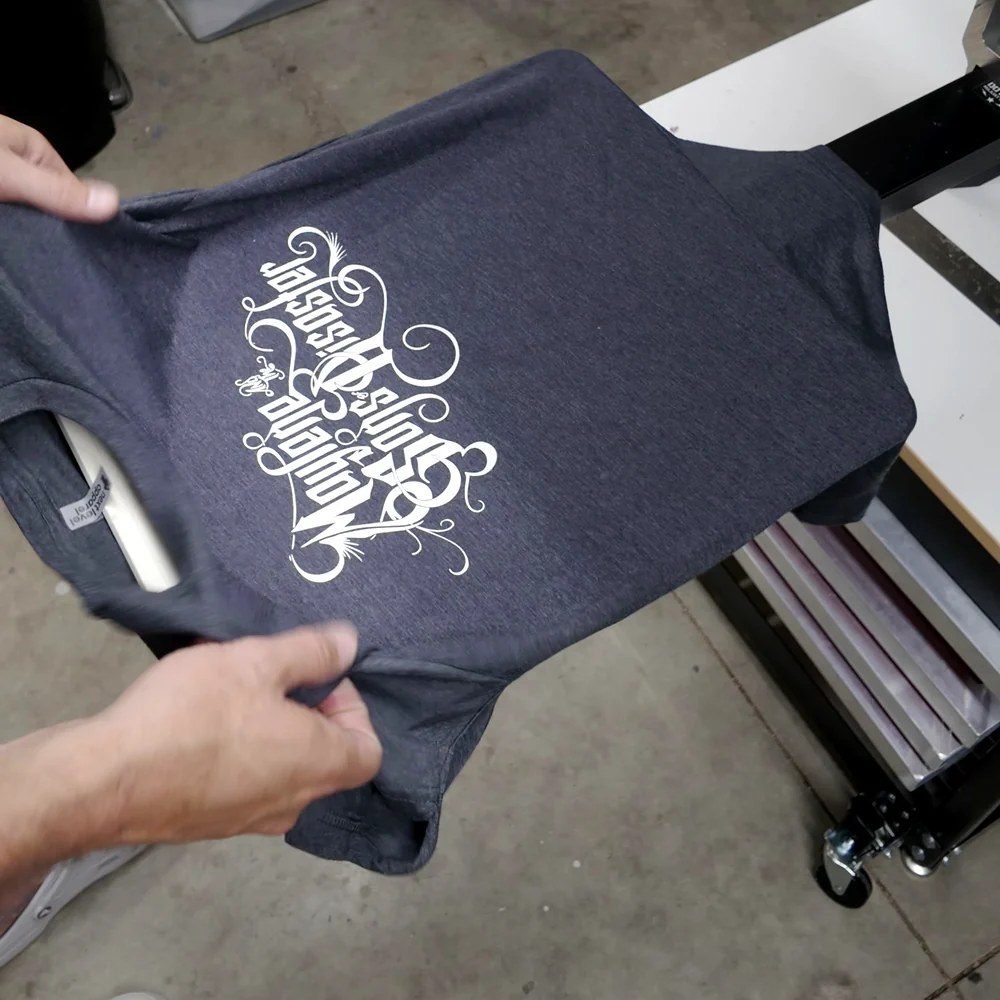 Charcoal Maylene and the Sons of Disaster band T-shirt with an ornate white script print