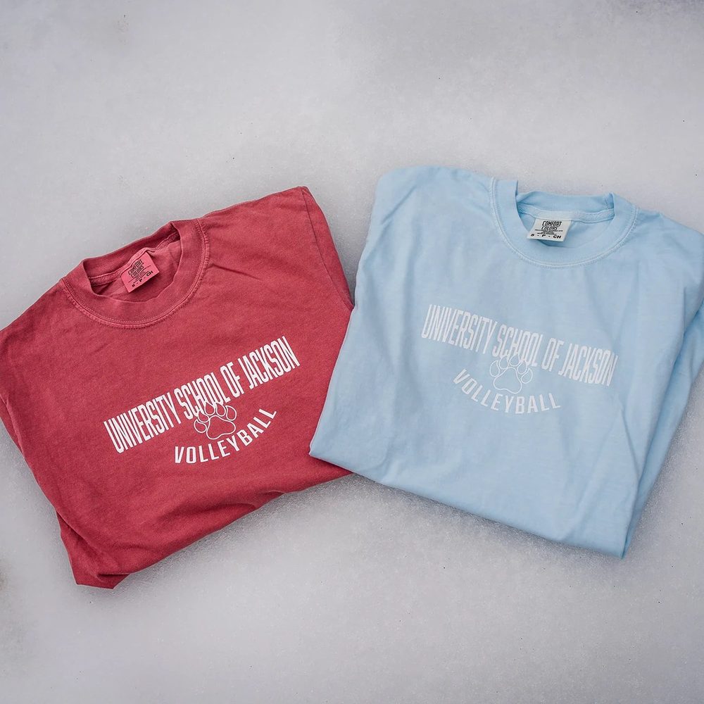 Red and light blue University School of Jackson Volleyball T-shirts
